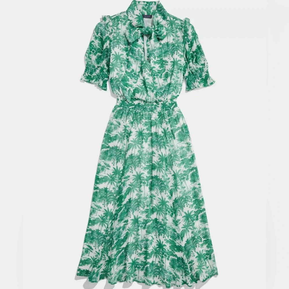 Vineyard Vines S Marthas Vineyard Tropical Toile Tie-Neck Midi Dress Green/White - Picture 7 of 16